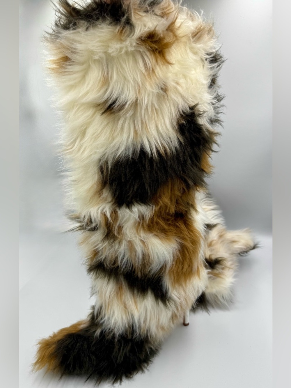 Patchwork Faux Fur Knee High Boots White Stiletto Heels Size 7.5